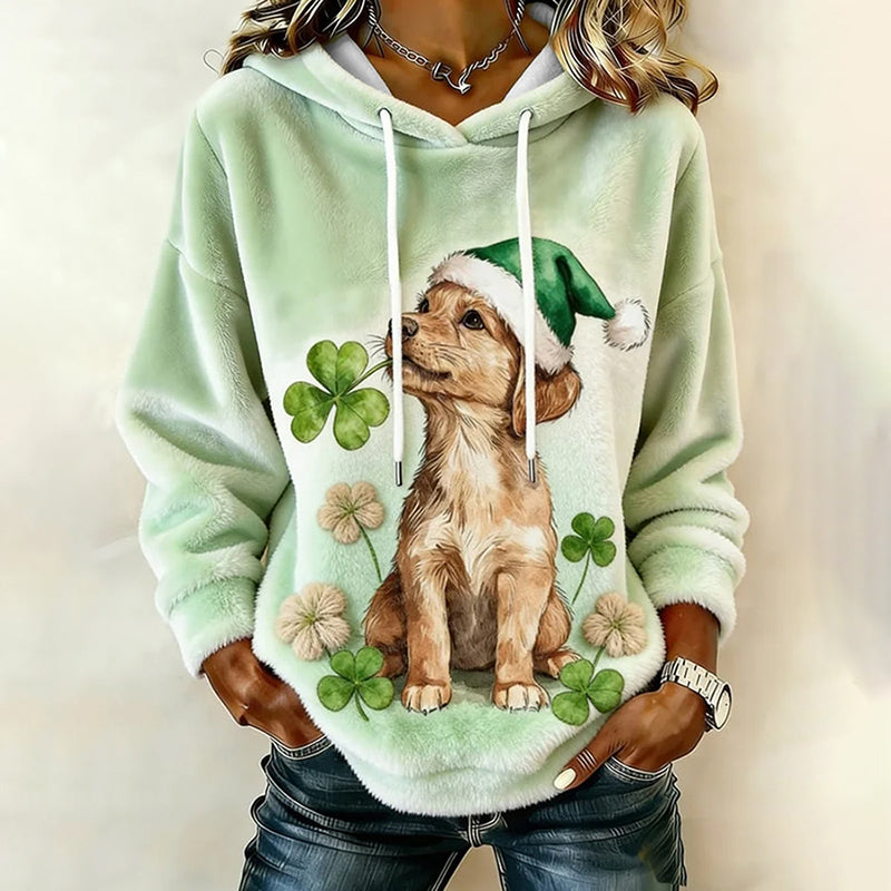 Women's  Vintage Dog & Shamrock Plush Hooded Sweater