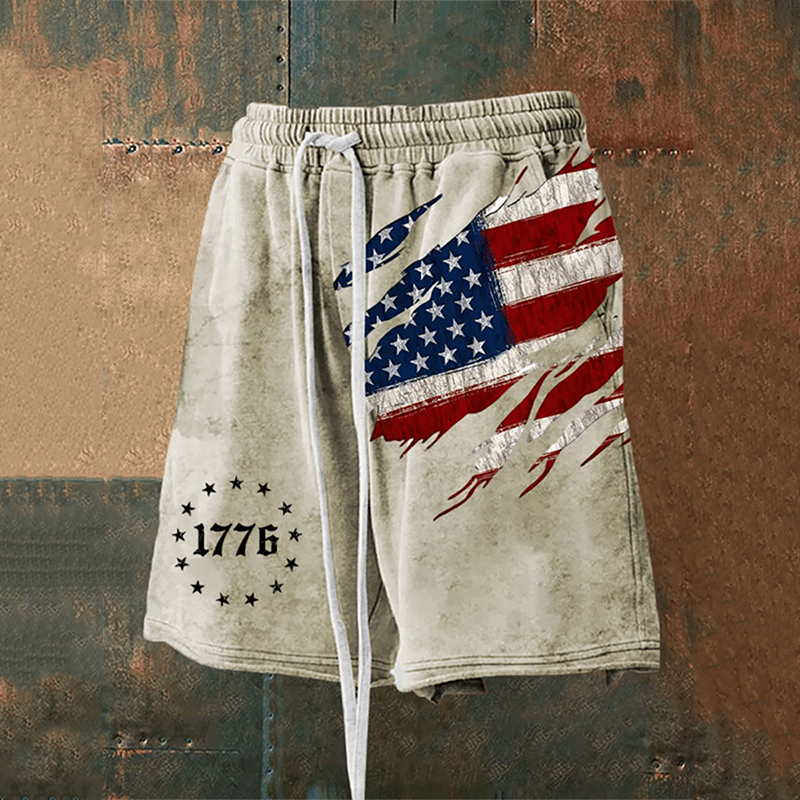 Men's Retro Distressed American Flag Print Loose Casual Shorts