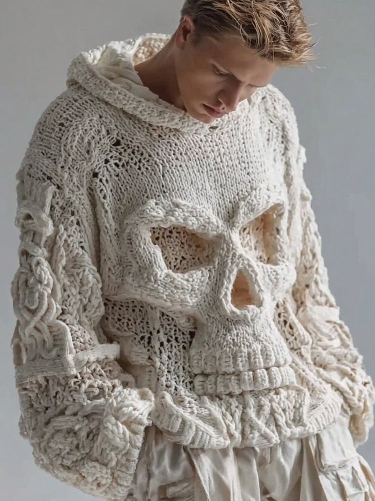 Men's Skull Pattern Cozy Knit Hooded Sweater