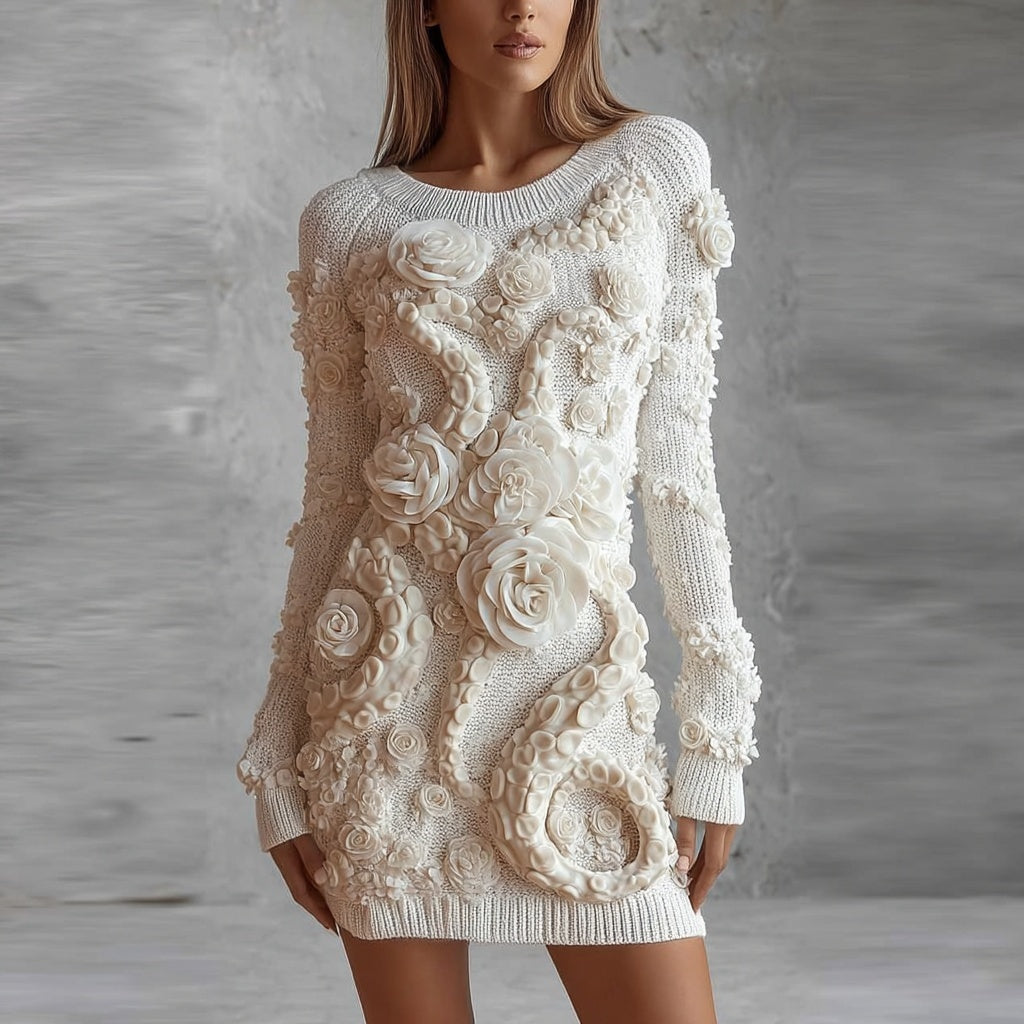Vintage White Roses Tentacles Cozy Knit Sweater Dress