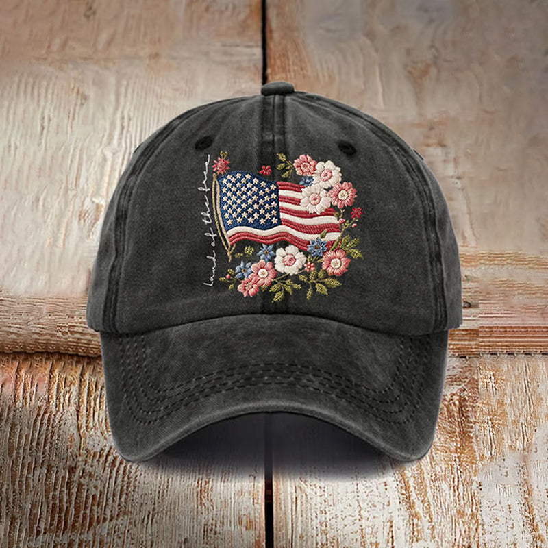 Retro Independence Day Flowers Land Of The Free Print Baseball Cap