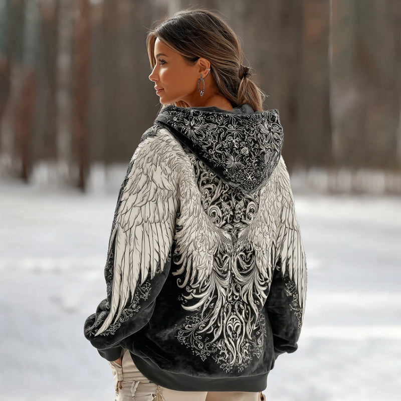 Women's Viking Wing Pattern Art Cozy Flannel Hooded