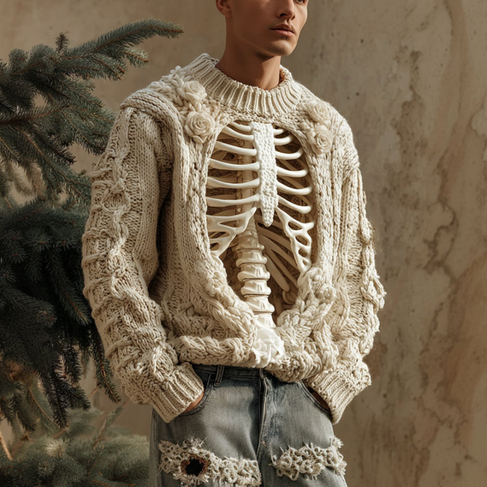 Men's Halloween Retro Anatomy Art Coarse Needle Round Neck Sweater