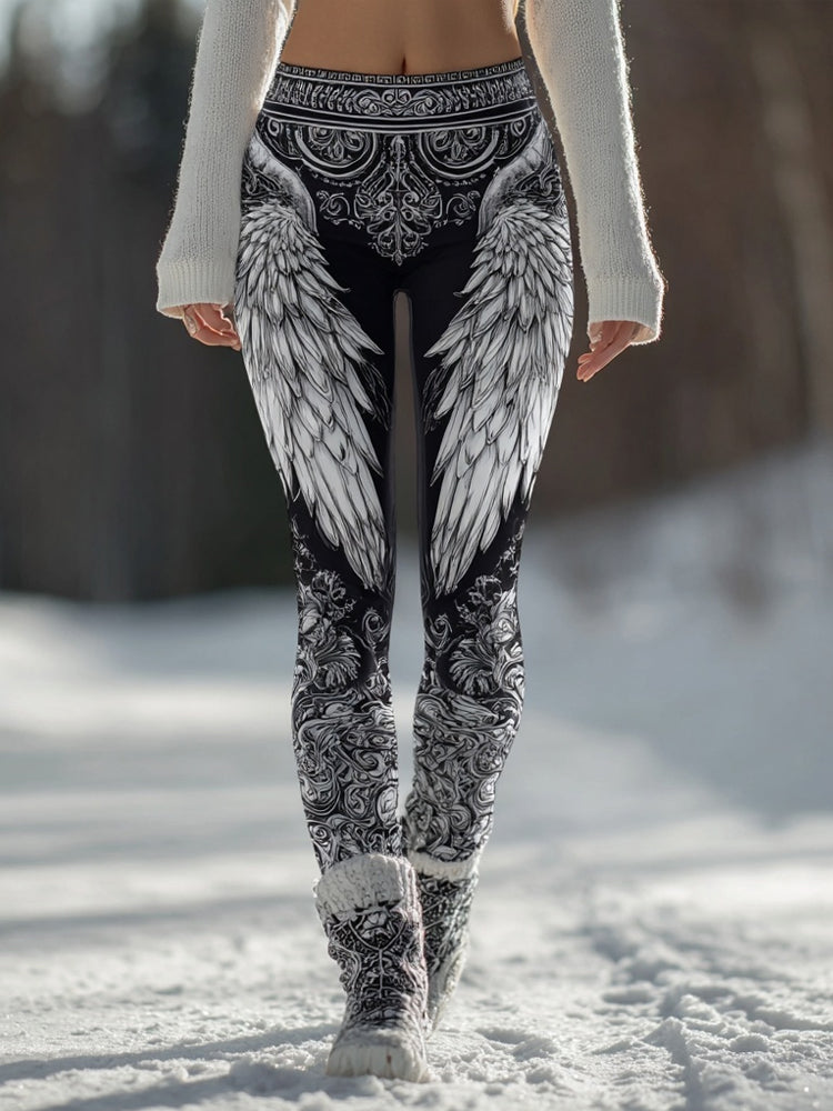 Vintage Viking Inspired Angel Wings Art Cozy Knit Leggings