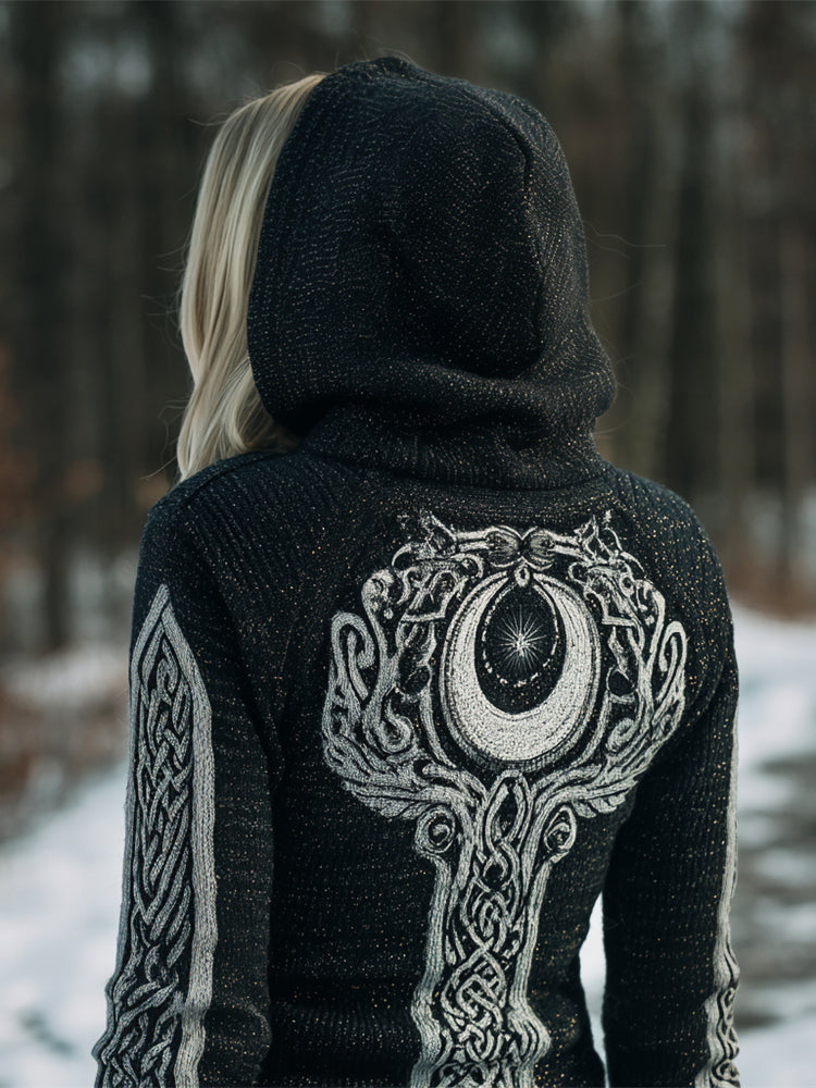 Celtic Tree & Crescent Moon Pattern Women's Knit Hooded Sweater