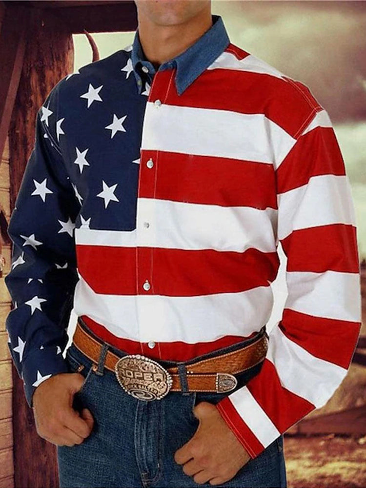American Flag Western Cowboy Men's Long Sleeve Shirt
