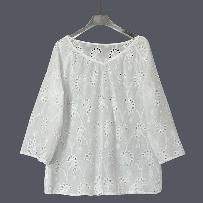 Women's Retro Lace Cotton And Linen Mid-length Sleeves V-neck Top