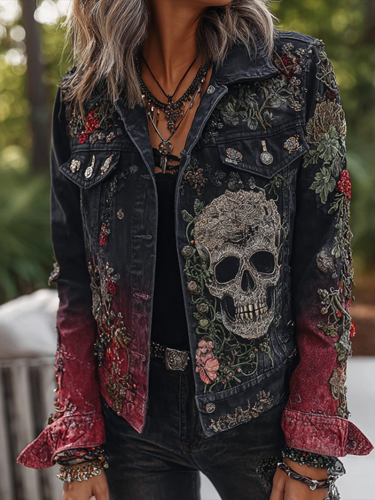 A Retro Women's Black-red Gradient Denim Jacket With Gothic Skull And Floral Elements Design For Halloween.