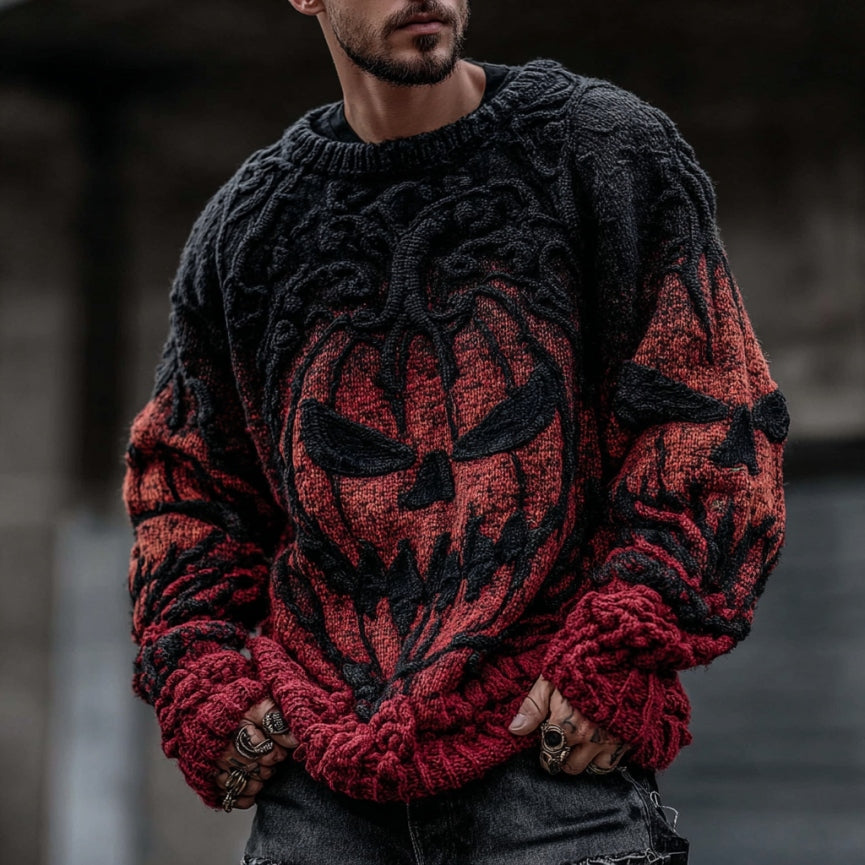 Men's Halloween Pumpkin Face Knit Pullover Sweater