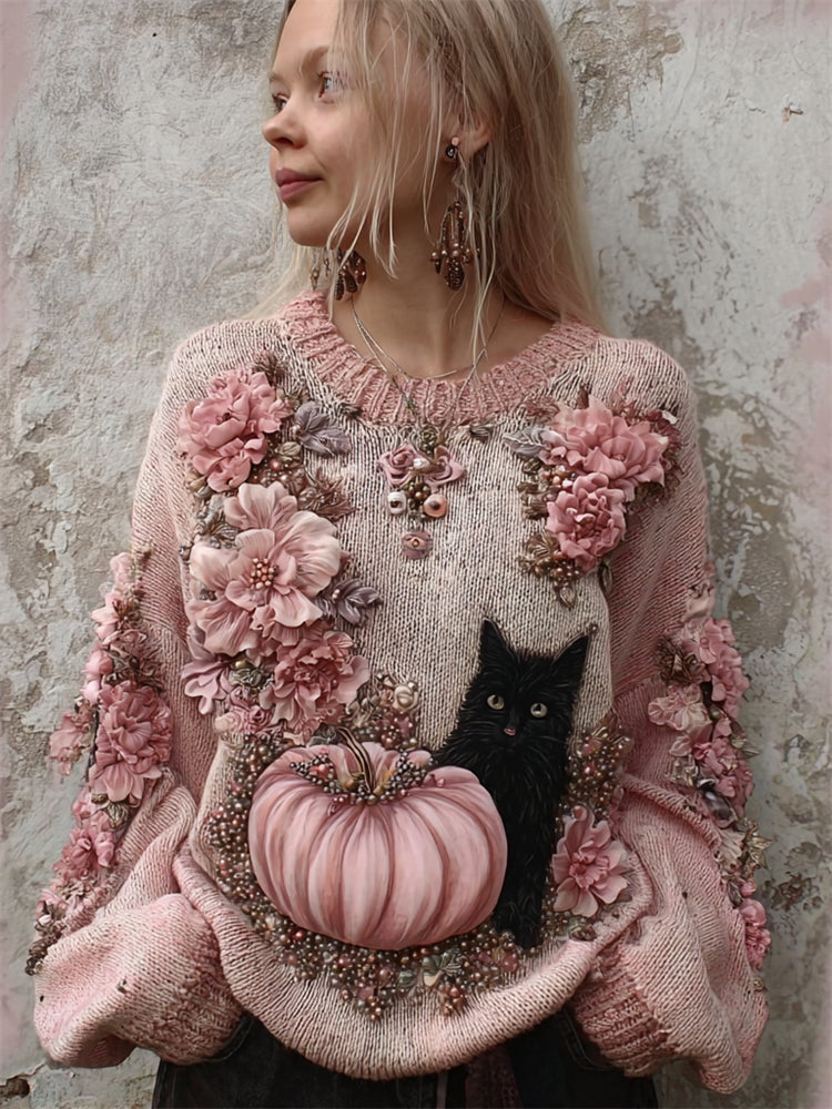 Black Cat & Pink Pumpkin Floral Beaded Cozy Knit Sweater