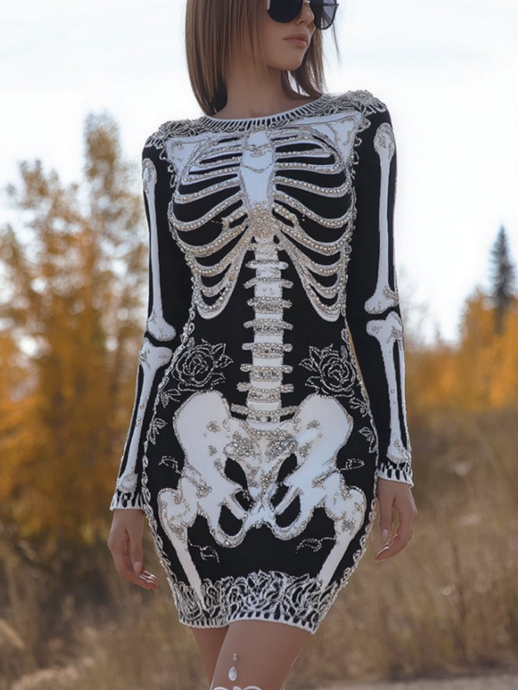 Women's Ancient Halloween Anatomy Art And Rose Knitted Round Neck Dress