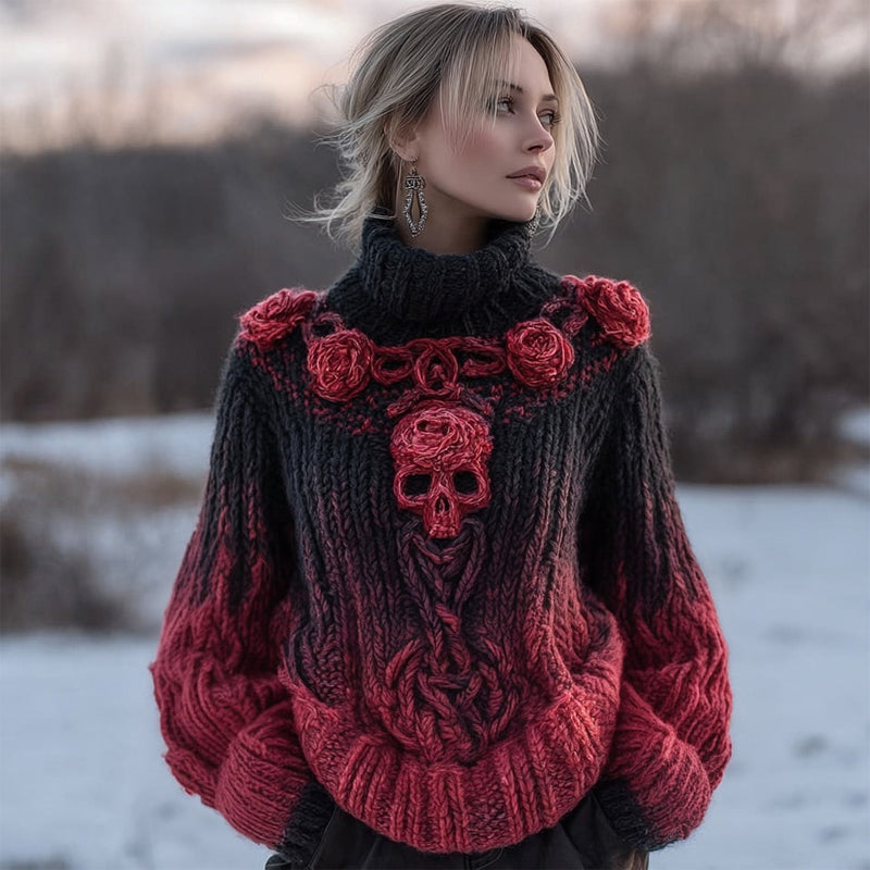 Vintage Red Roses Viking Celtic Skull Cozy Knit Turtleneck Sweater