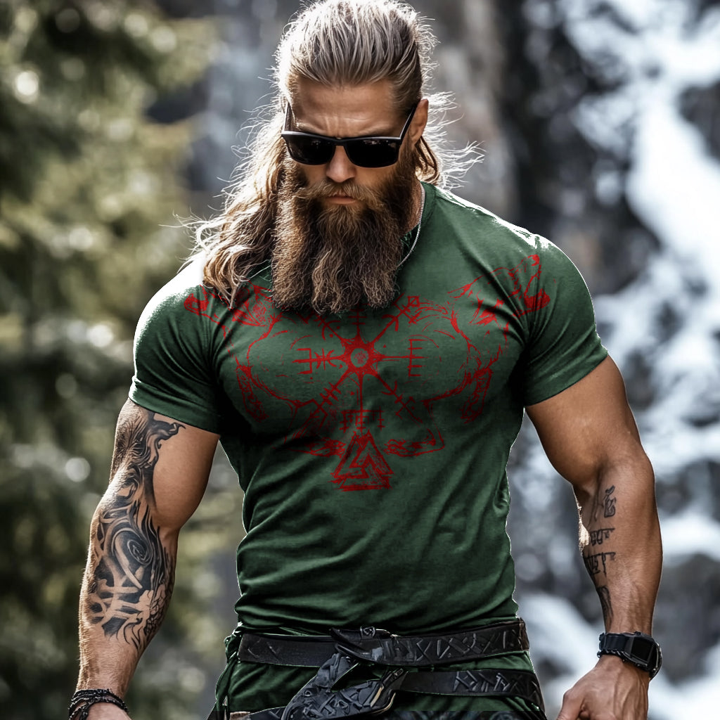 Men's Vintage Viking Rune Wolf Print T-shirt