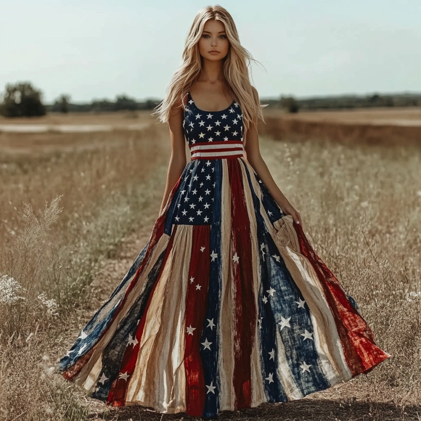 Vintage Independence Day Print Linen Maxi Dress