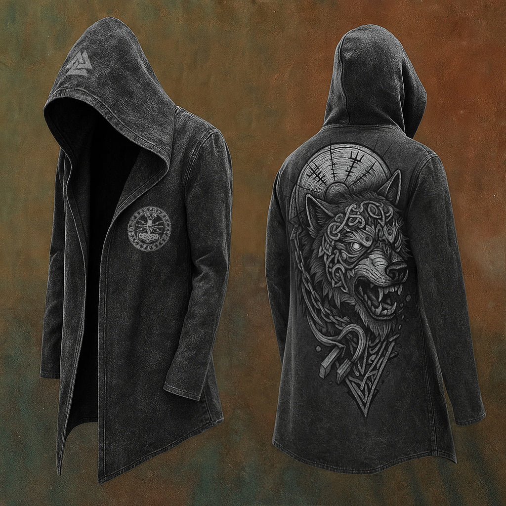 Men's Viking Nordic Wolf Totem Art Design Streetwear Hooded Jacket