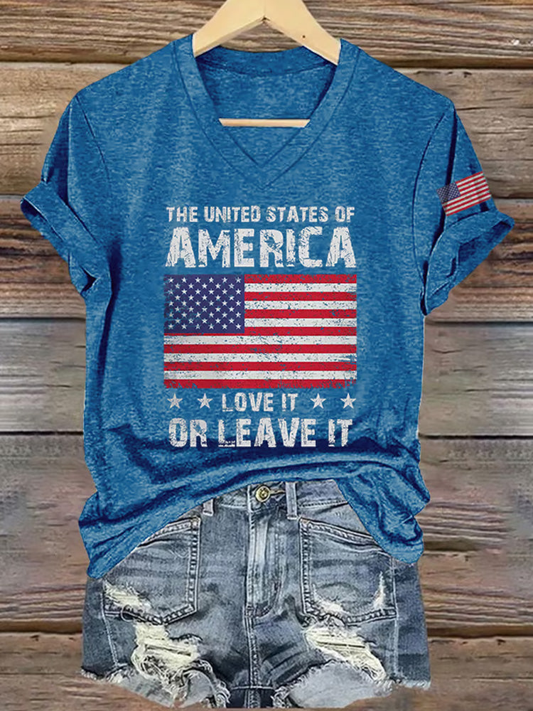 V-neck Retro Independence Day The United States Of America Love It Or Leave It Print T-shirt