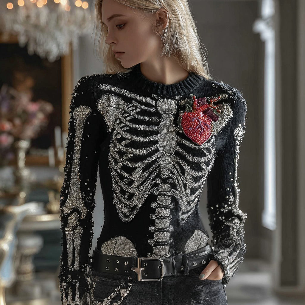 Women's Halloween Human Anatomy Gemstones Pattern Round Neck Sweater