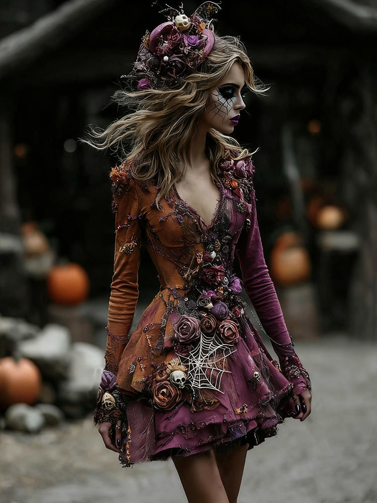 Women's Halloween Rose Skull Patchwork Witch Midi Dress