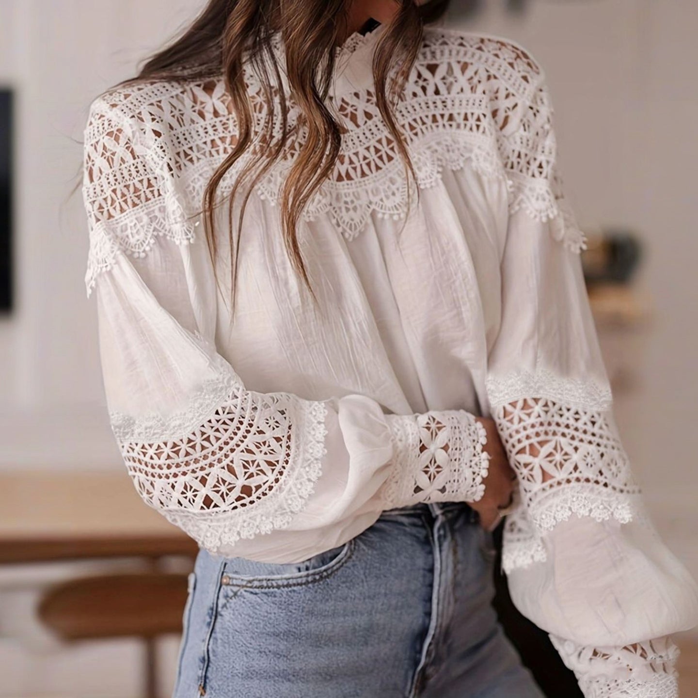 Women's Elegant Floral Lace Cotton And Linen High Collar Top