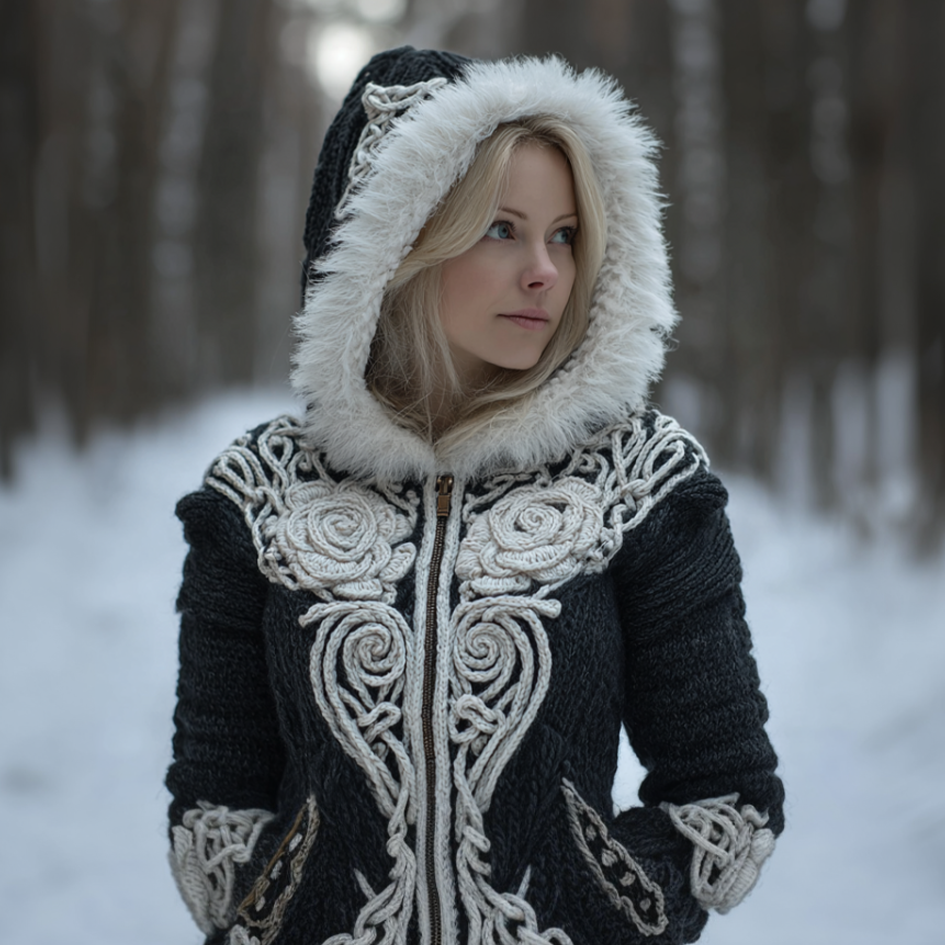 Viking Retro Rose Women's Knit Hooded Sweater Jacket