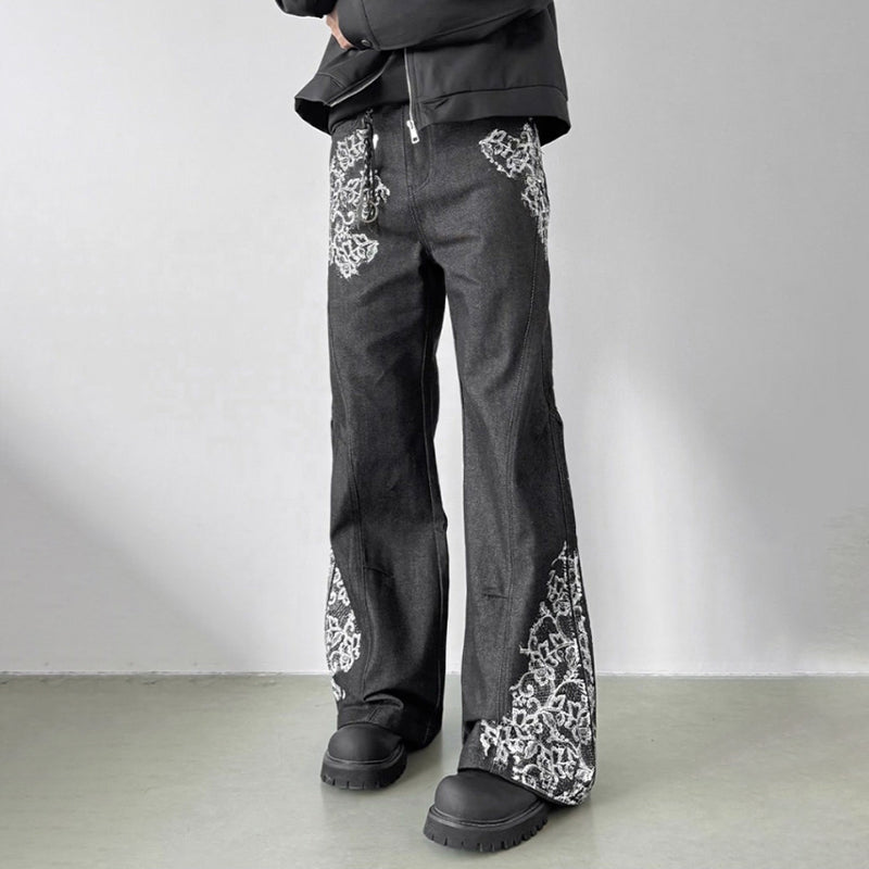 Vintage High-street Printed Lace Textured Straight-leg Flared Jeans