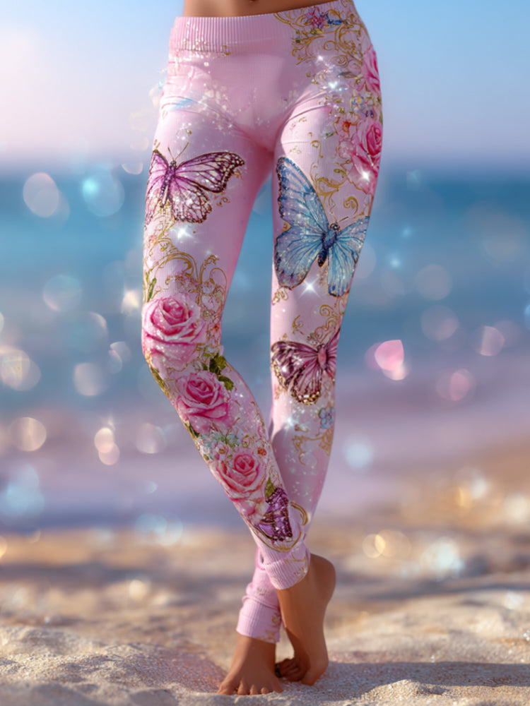 Colored Butterflies And Roses Brighten Up The Leggings