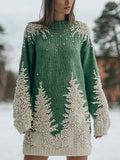 Vintage Christmas Trees Beads Embroidered Cozy Sweater Dress