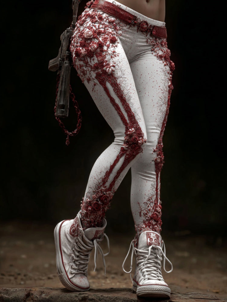 Women's Vintage Halloween Skeleton & Rose Art Leggings