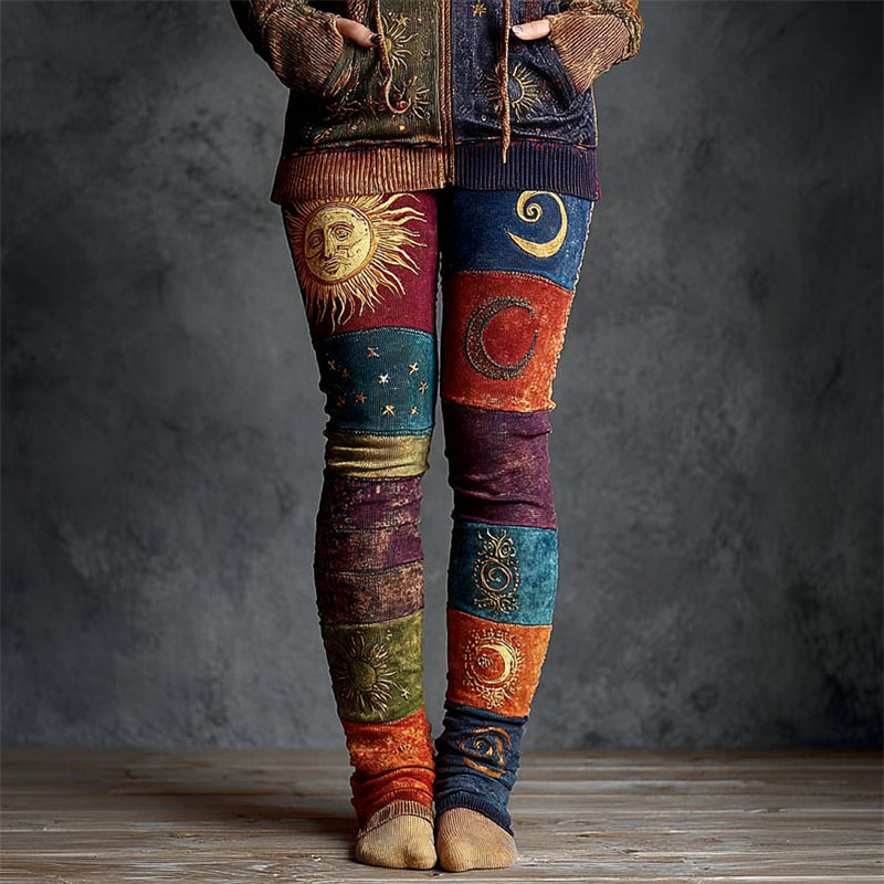 Boho Sun & Moon Mystical Colorblock Washed Cozy Stretchy Leggings