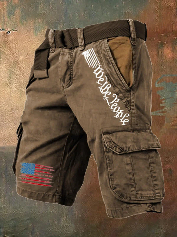 Men's Vintage Flag Independence Day Multi-Pocket Print Cargo Shorts