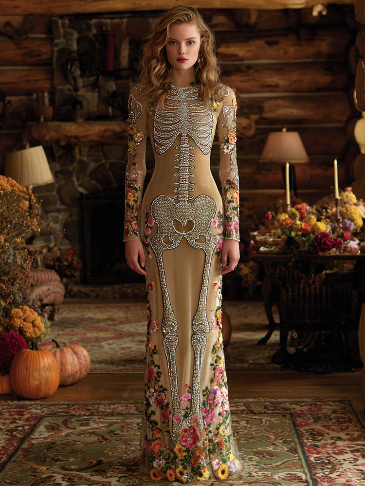 Vintage Mexican Day Of The Dead Skeleton Bones Embroidery Flowers Cozy Velvet Maxi Dress