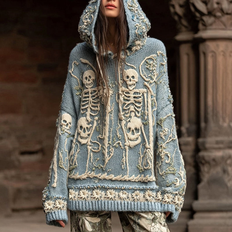 Women's Skull And Chrysanthemum Art Print Warm And Cozy Hooded Sweater