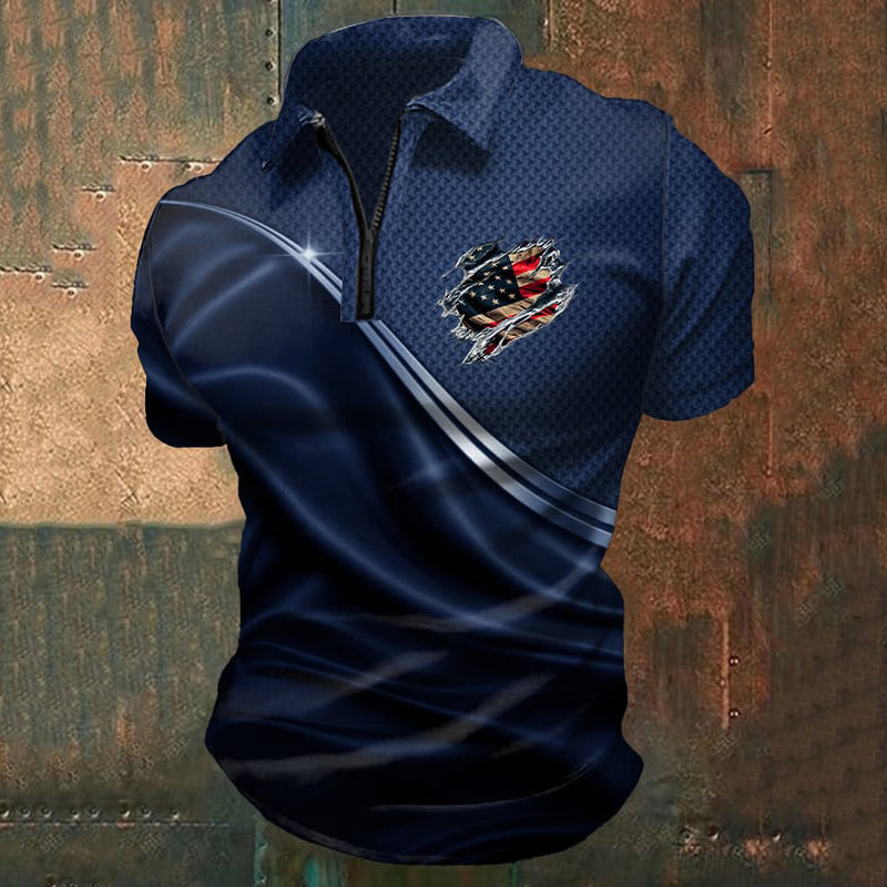 Men's Casual Independence Day Flag Print Zipper Polo Shirt
