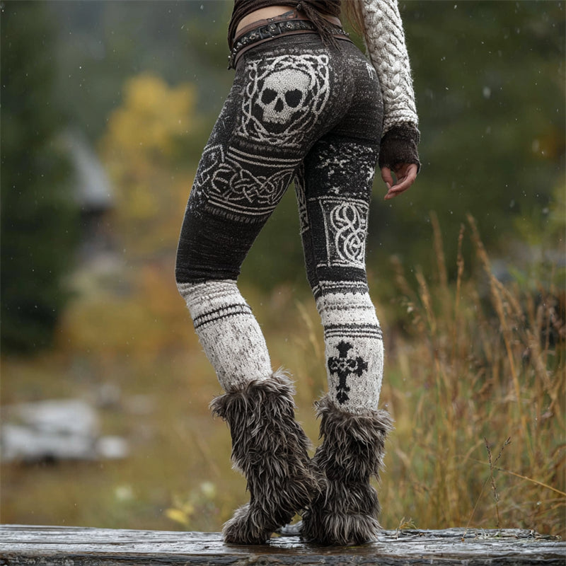 Viking Skull & Cross Celtic Colorblock Cozy Knit Leggings
