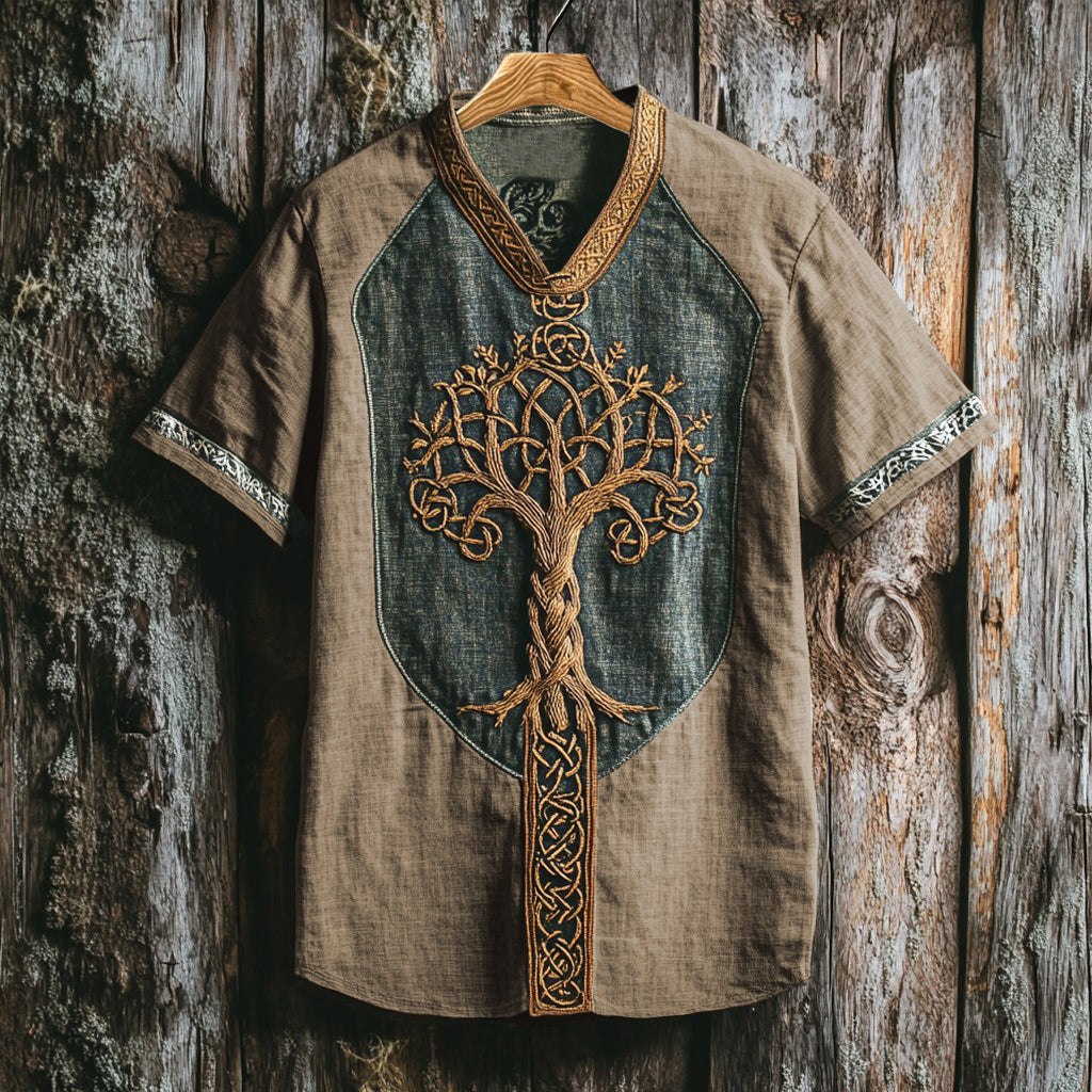 Men's Viking Life Of Tree Celtic Knot Art Linen V-neck T Shirt