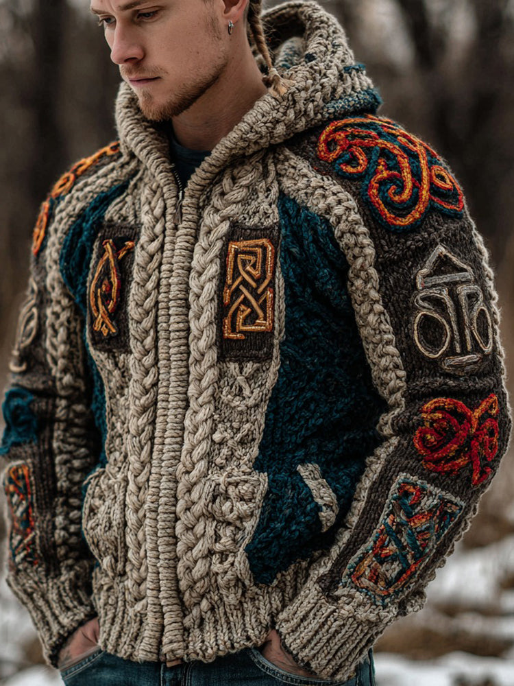 Men's Vintage Viking Celtic Symbols Knitted Jacquard Zip-up Hooded Sweater