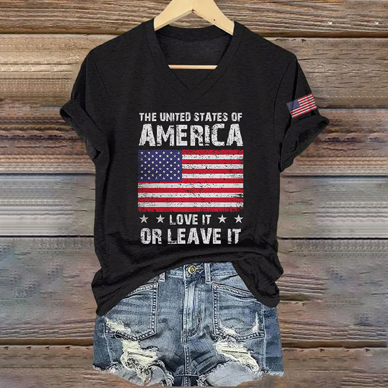 V-neck Retro Independence Day The United States Of America Love It Or Leave It Print T-shirt