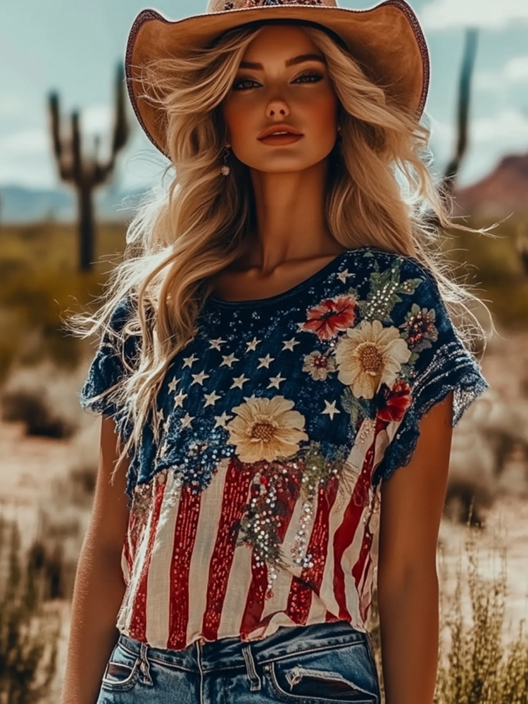 Women's Independence Day Floral Art Design Crew Neck T-shirt