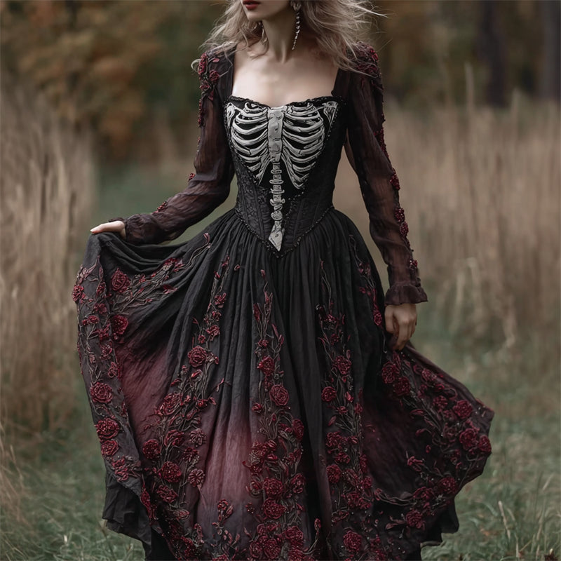 Vintage Skeleton Roses Fiber Art Gradient Flowy Linen Maxi Dress