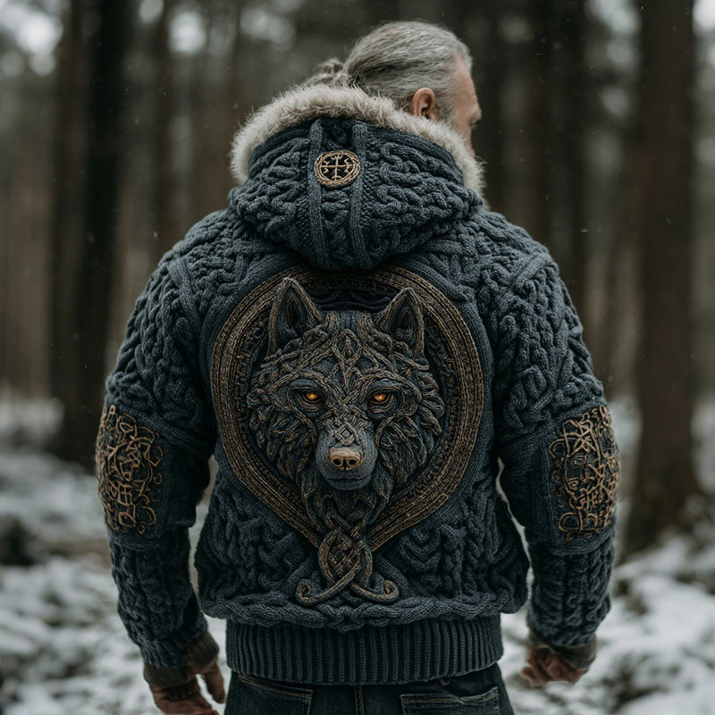 Men's Viking Wolf Style Celtic Knot Art Cozy Fur Collar Knit Hooded Sweater Jacket