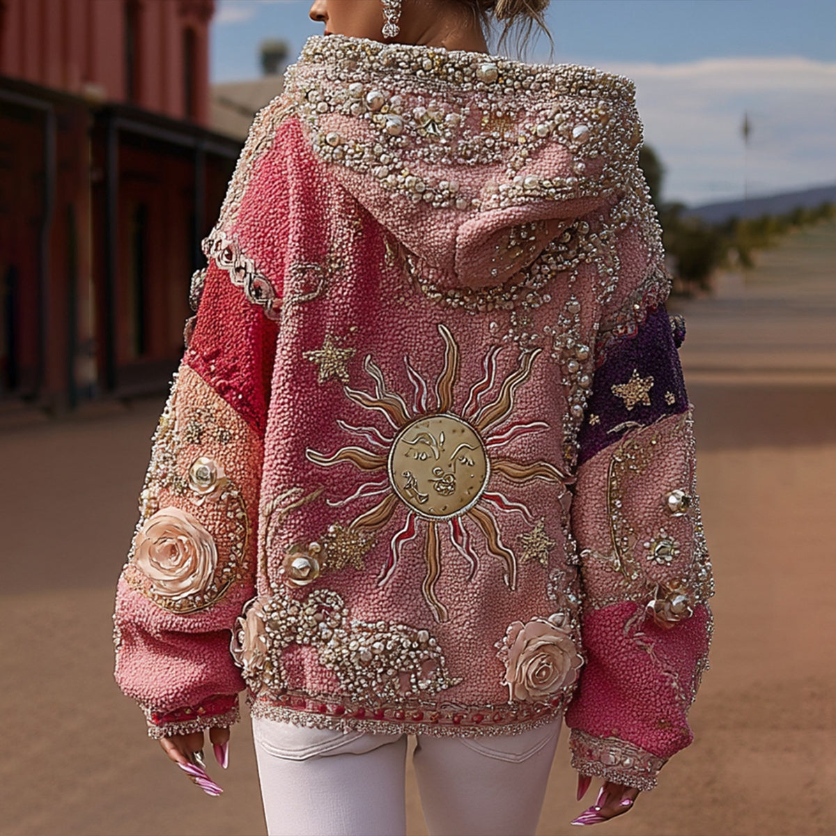 Star Moon Pearl Embroidered Hoodie