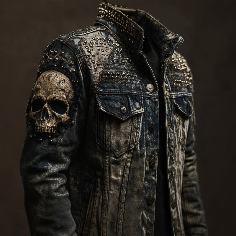 Men's Vintage Rock Skull Studded Washed Denim Jacket