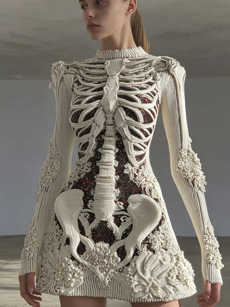 Women's Vintage Halloween Skull Art Knitted Warm Sweater Dress