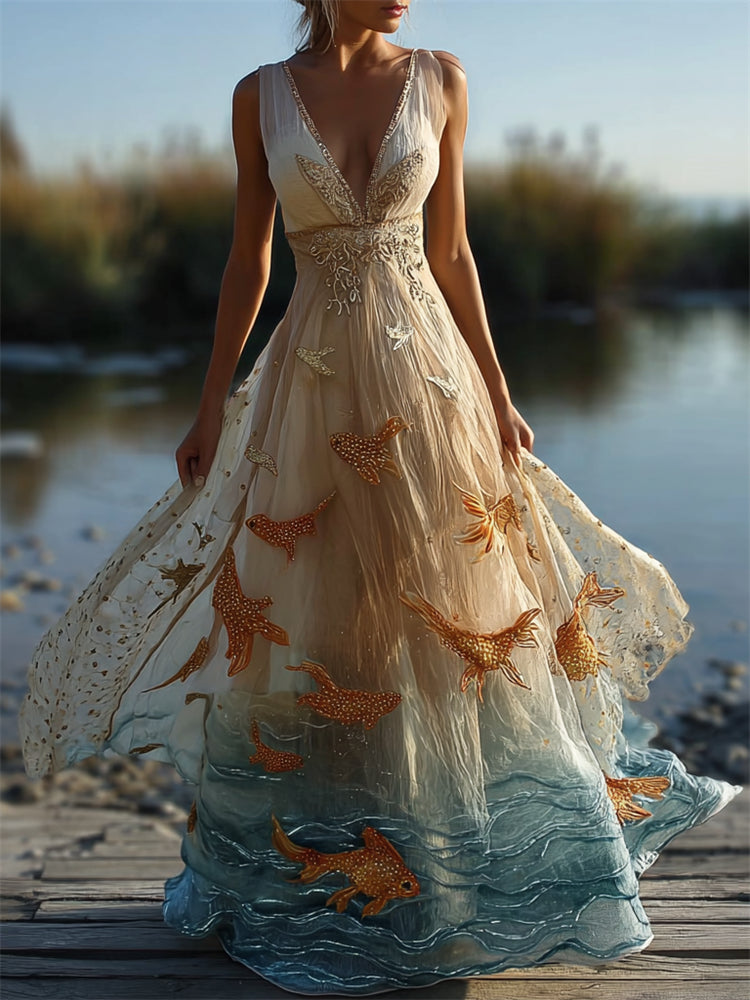 Aquarium Aesthetic Glitter Golden Fish Flowy Maxi Dress