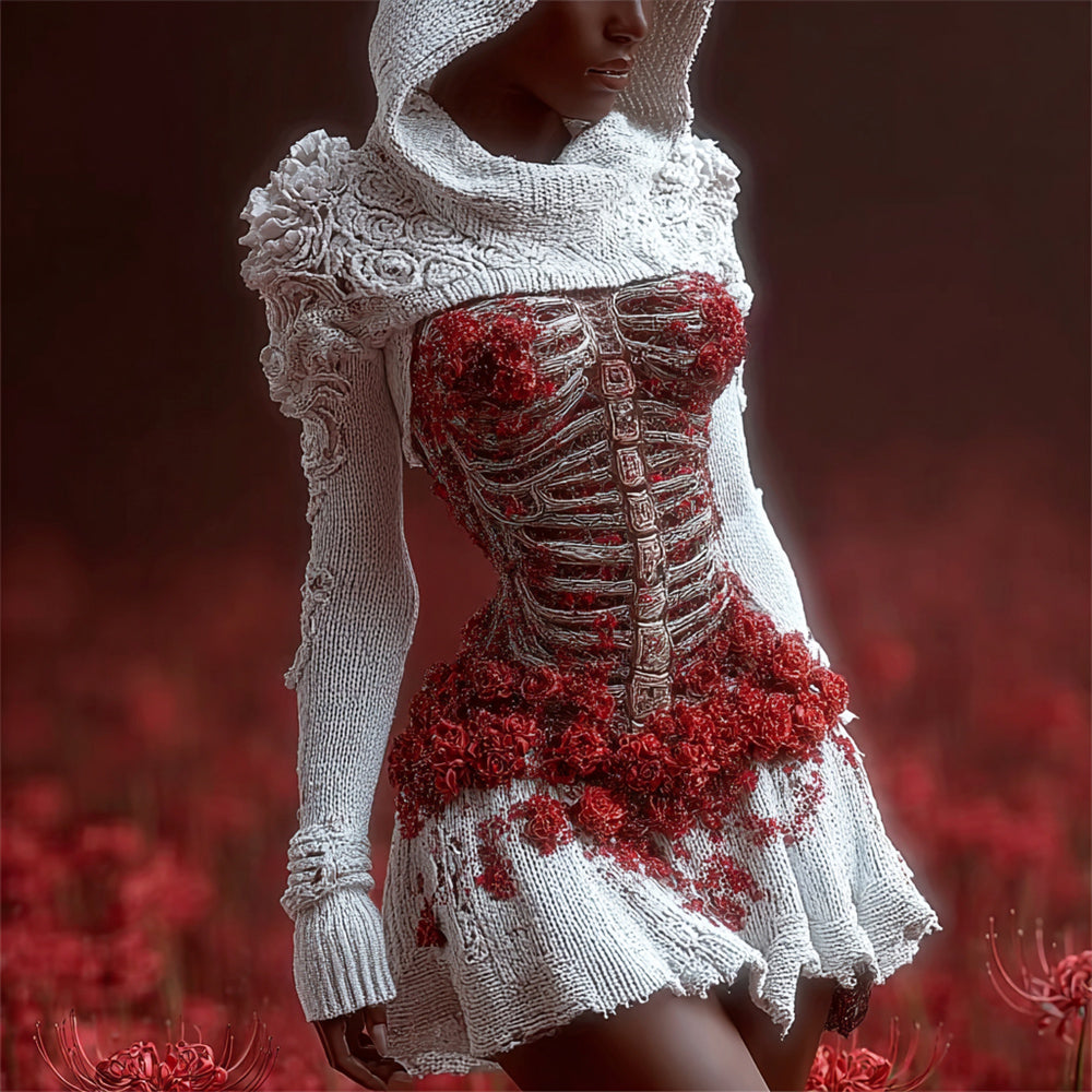 Halloween Skeleton & Floral Embroidered Women's Knit Hooded Mini Dress