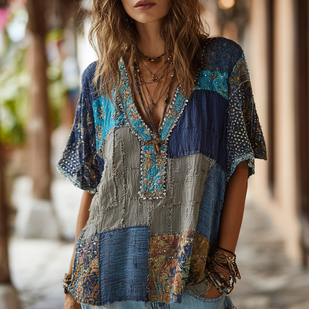 Bohème Blue Patchwork Geometric Linen Top