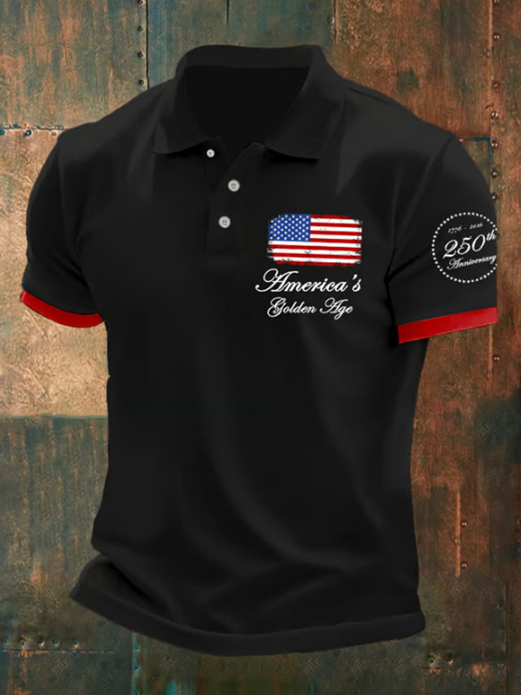 Man's Vintage Independence Day America's Golden Age 1776-2026 250th Anniversary Printed Polo Shirt