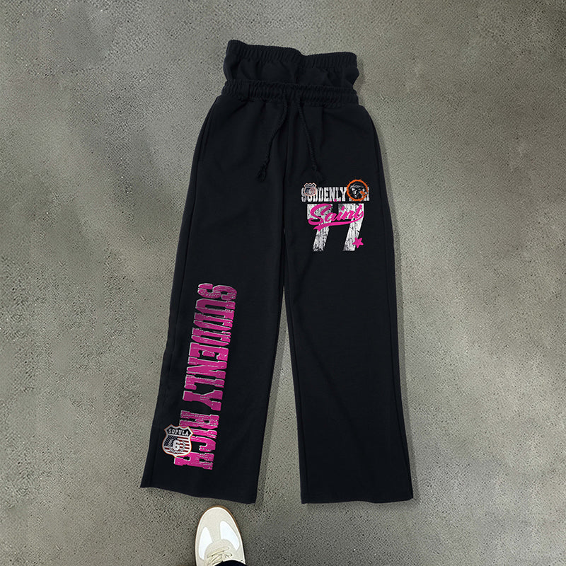 Hip-hop Sporty Pattern Double Waistband Design Sweatpants