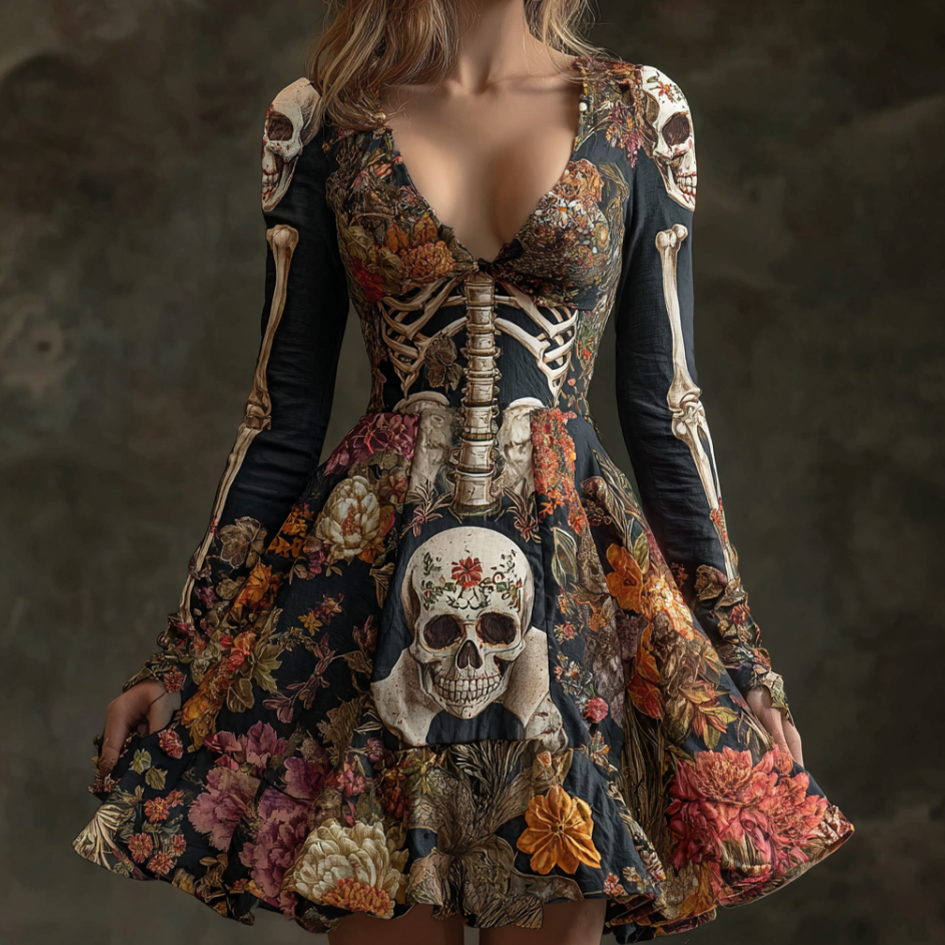 Day Of The Dead Lady Retro Cotton-blend V-neck Long-sleeve Lace Dress