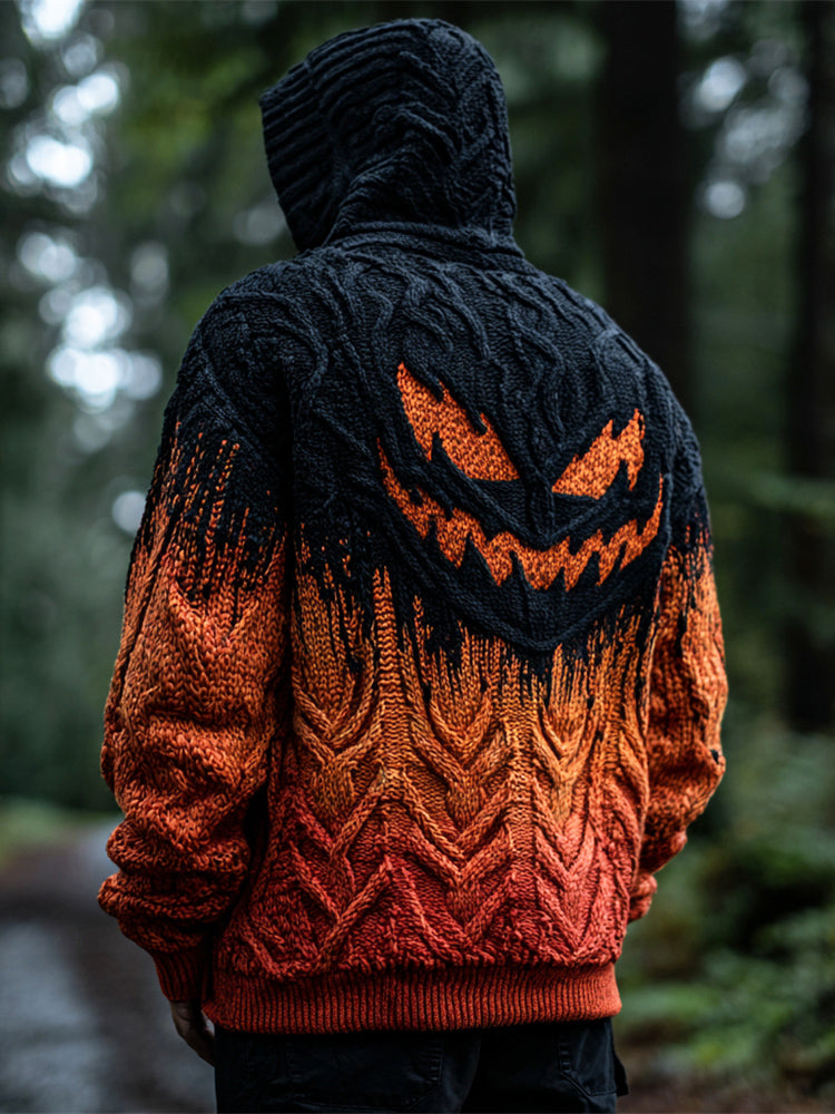Halloween Evil Spooky Face Gradient Men's Chunky Knit Hooded Cardigan
